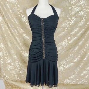 y2k Vintage Ruby Rox Halter Black and Gold Ruched Dress Women's Size L